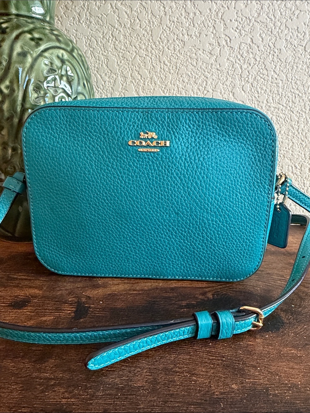 Coach Mini Pebble Leather Camera Bag Crossbody teal Handbag 87734